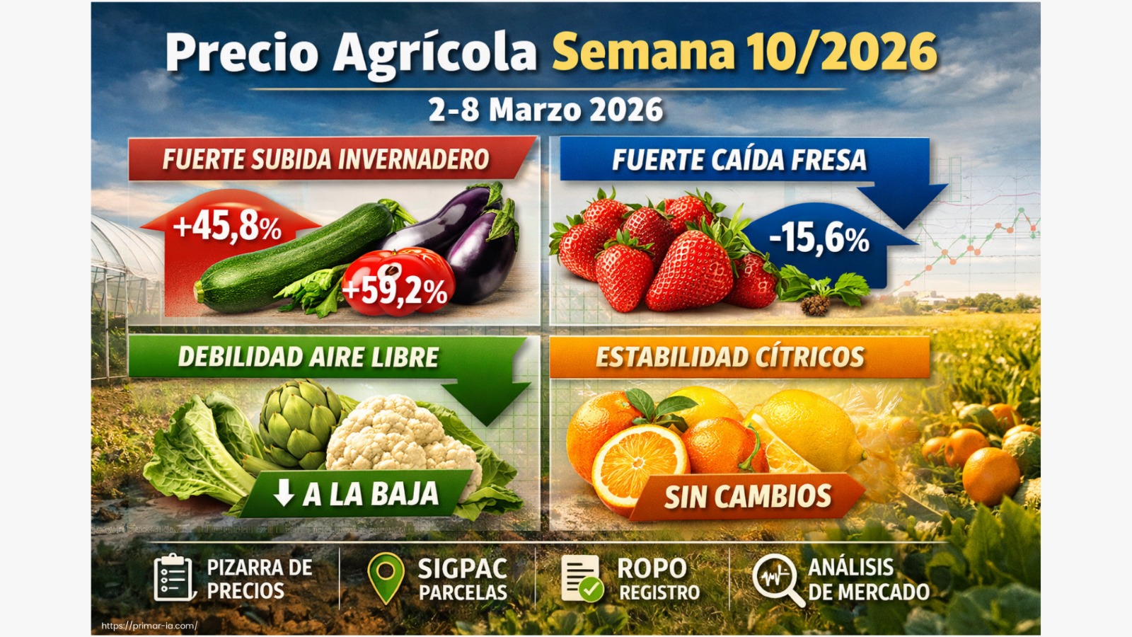 Semana 10/2026 (2–8 marzo): fuerte rebote en invernadero mientras la fresa cae y el aire libre se debilita